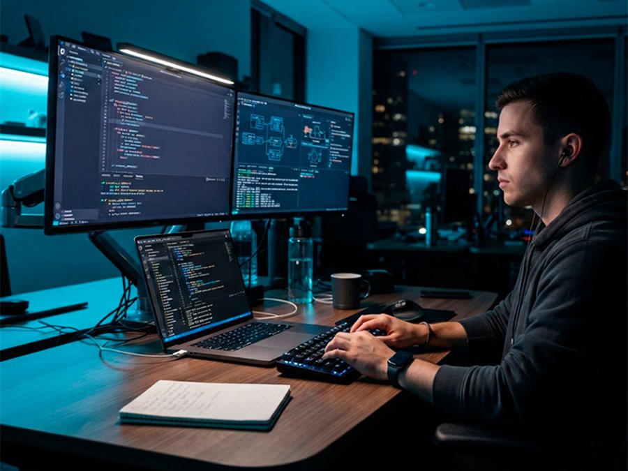 Desarrollador programando el sitio web en múltiples monitores con código