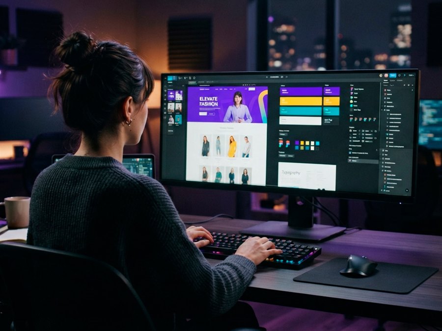 Diseñadora trabajando en la propuesta visual de una tienda online con paleta de colores