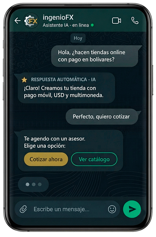 Animación de una conversación de WhatsApp atendida automáticamente por el asistente de Inteligencia Artificial de ingenioFX